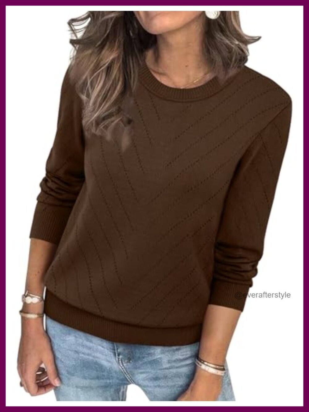 Sampeel Womens Crew Neck Eyelet Knit Pullover Sweater Long Sleeve